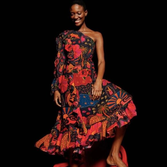 NWT Beautiful Fun Farm Rio Crazy Mix One Shoulder Midi Dress size L Ruffles - Picture 6 of 13